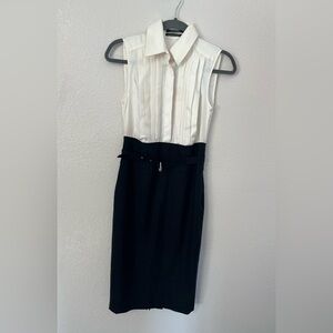 Club Monaco Dress Cream and Black Belted Silk Top Wool Skirt Career Wear